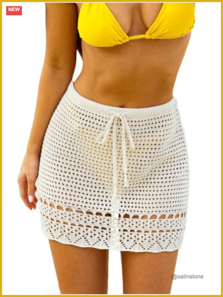 Crochet Knit Drawstring Mini Beach Skirt Cover Up For Swimwear